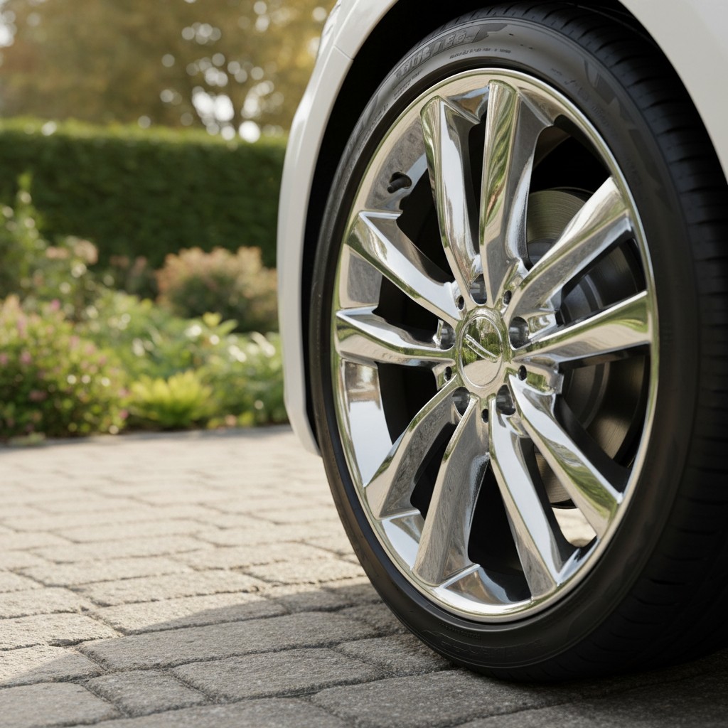 A close-up view of a car wheel, showcasing an expensive alloy wheel design with a chrome finish and black sidewall tire, s...